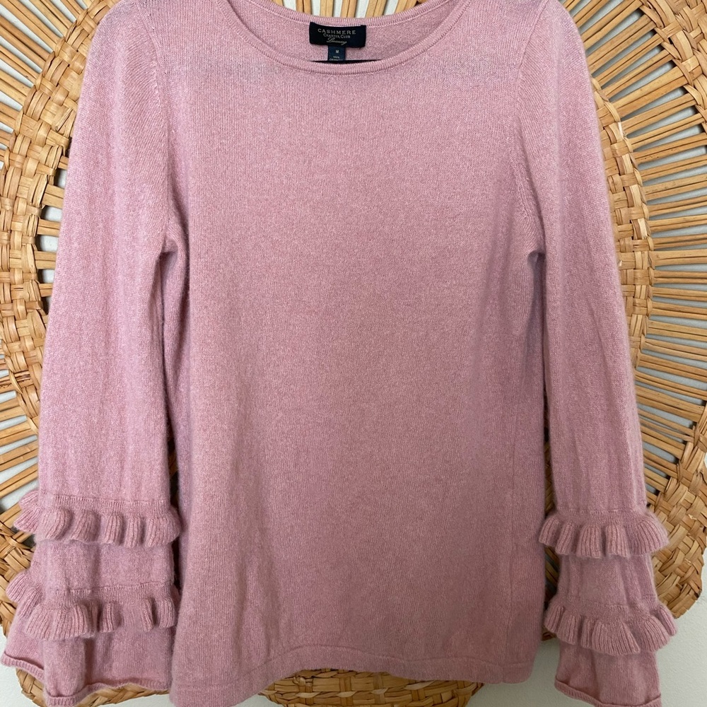 CHARTER CLUB Women's 100% Cashmere Double Ruffle Sleeve Pink Sweater